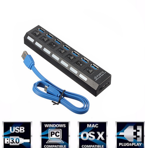 7 Port USB 3.0 Hub On/Off Switches AC Adapter Cable Splitter for Laptop/Desktop