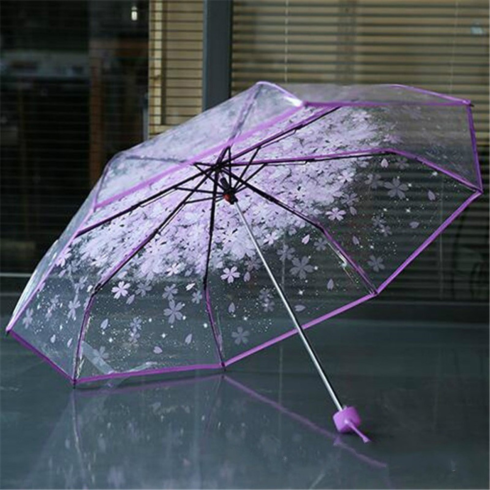three Fold Umbrella Women Transparent Clear Cherry Blossom Mushroom Apollo Sakura folding Sunshade Rain Umbrella 2018