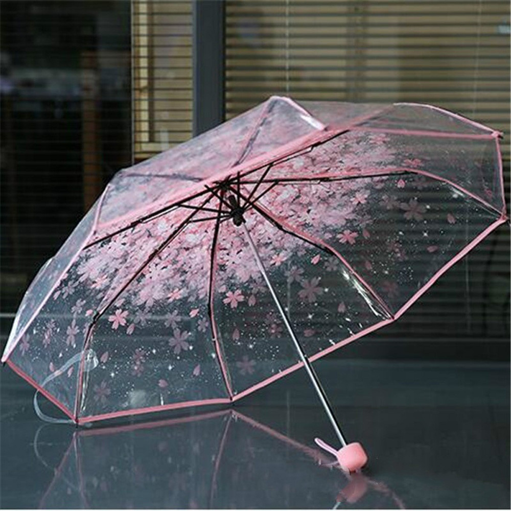three Fold Umbrella Women Transparent Clear Cherry Blossom Mushroom Apollo Sakura folding Sunshade Rain Umbrella 2018