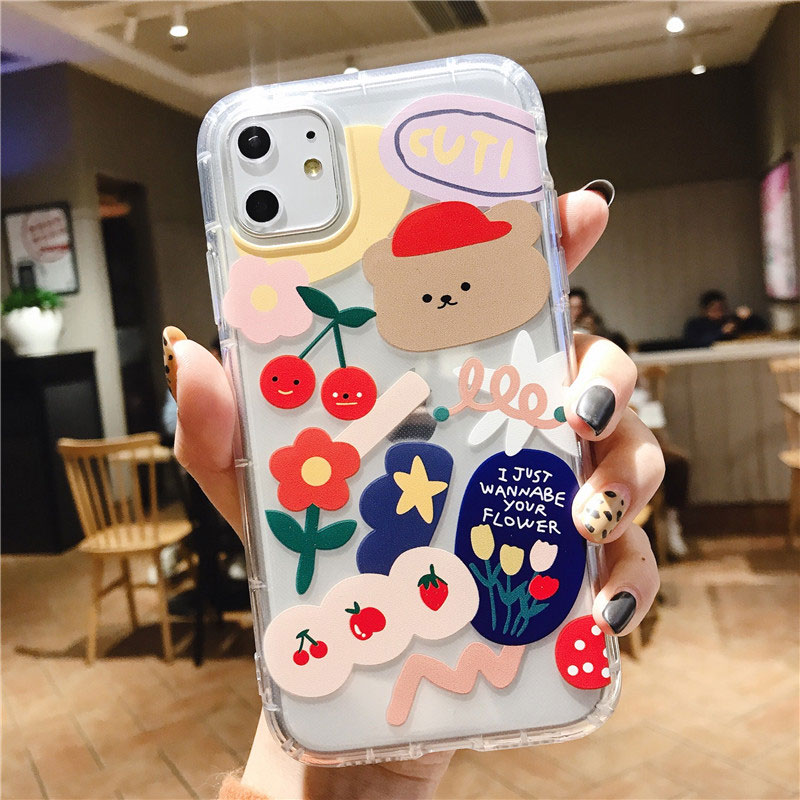 Mobile cell phone case cover for APPLE iPhone 12 Cartoon Bear Soft TPU Cute Letters Clear Back Cover Coque 