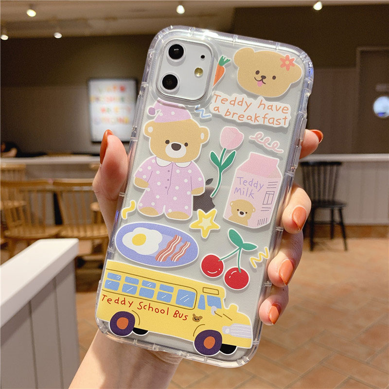 Mobile cell phone case cover for APPLE iPhone 12 Cartoon Bear Soft TPU Cute Letters Clear Back Cover Coque 