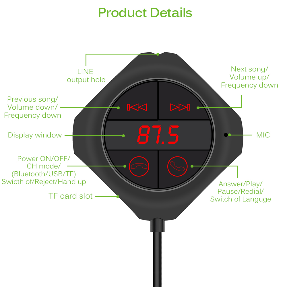 6-in-1 Hands Free Wireless Bluetooth FM Transmitter Modulator Car MP3 Player TF/SD Memory Card USB LCD Car Accessories