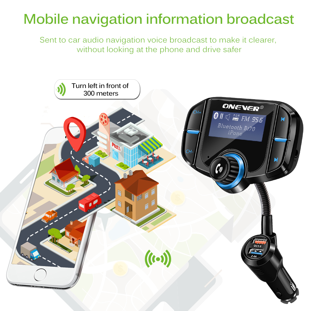 FM Transmitter Bluetooth FM Modulator 2 Port Quick Charge 3.0 Charger Handsfree Car Kit 1.65'' MP3 Player Support Siri