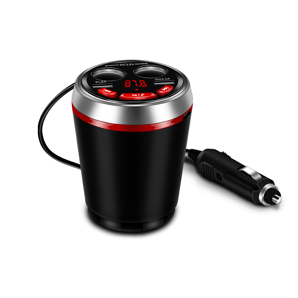 Car Bluetooth FM Transmitter Music MP3 Player Hands Free Car Kit Cup Holder Cigarette Lighter 2 USB Car Charger Adapter