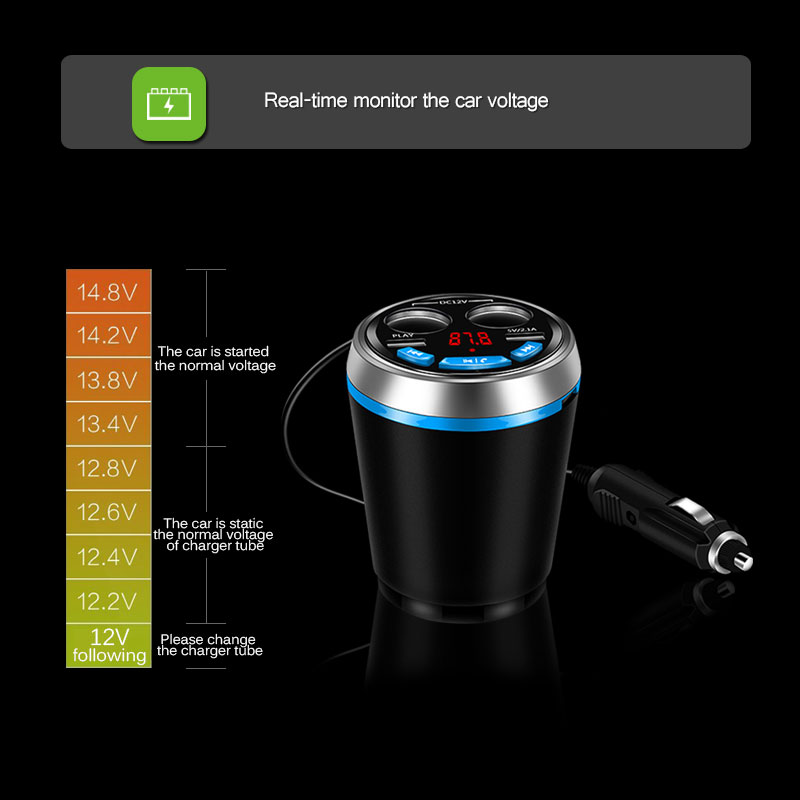 Car Bluetooth FM Transmitter Music MP3 Player Hands Free Car Kit Cup Holder Cigarette Lighter 2 USB Car Charger Adapter