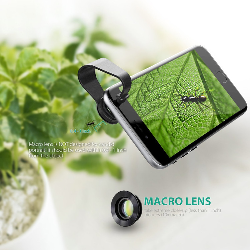 Mini Clip-on Optic Cell Phone Camera Lens Kit 180 Degree Fisheye Lens + 110 Degree Wide Angle + 10x Macro Lens for Phones