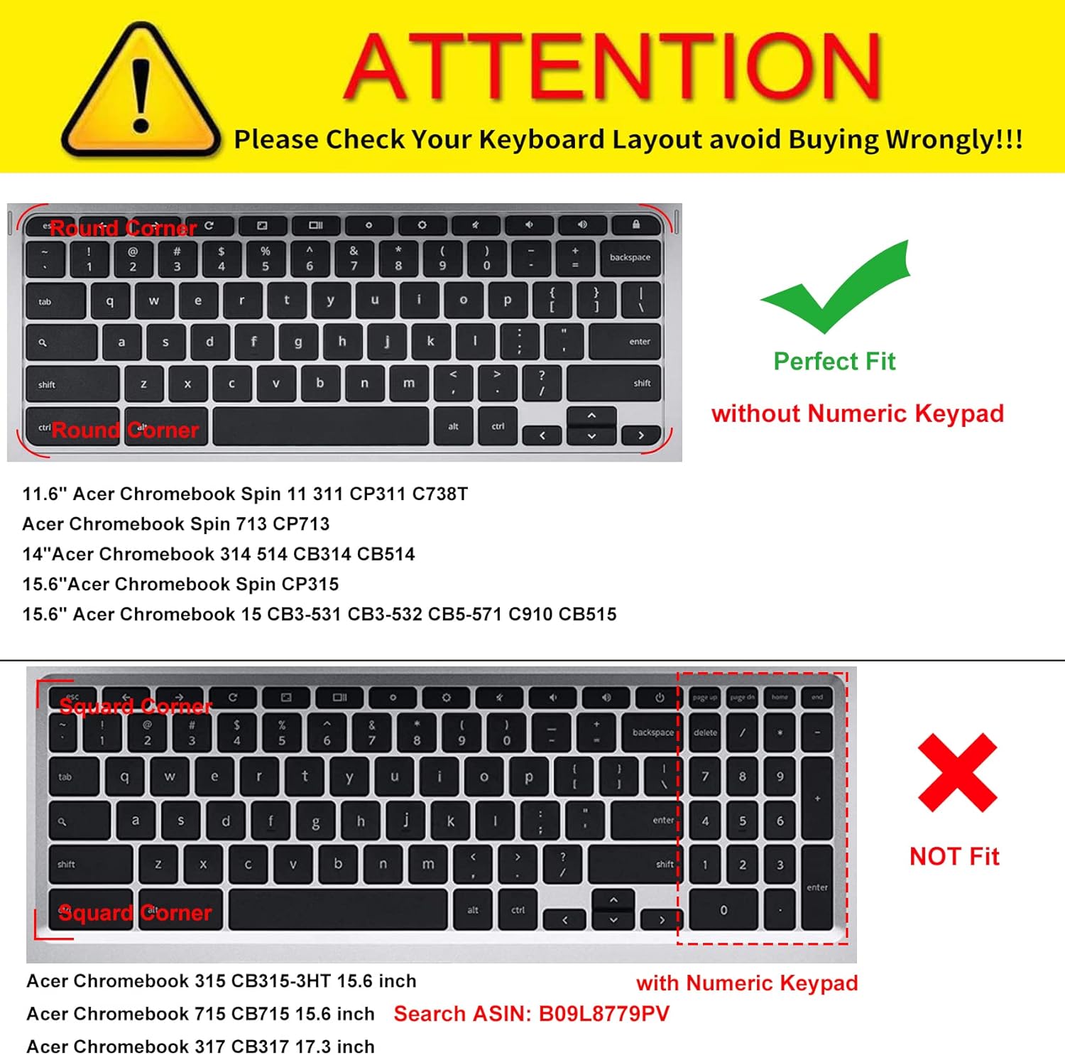 Keyboard Cover for Acer Chromebook Spin 11 311 C733 CP311 511 512/Chromebook 11 CB3-131 CB3-132 CP311 C738T CB5-132T/Chromebook Spin 713 CP713 R13 CB5-312T/Acer Chromebook 14 15.6