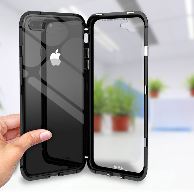 Magnetic Adsorption Flip Case for iPhone X 8 Plus 7 Plus Tempered Glass Back Cover Luxury Metal Bumpers for iPhone 7 8 Hard Case